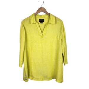 Tahari 100% Linen Tunic Top 1X Lemon Green Side Button Popover Blouse